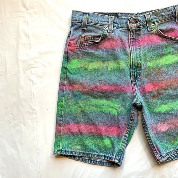 Vintage Levi's 550 Jean Denim Shorts Men 32‎ (31) USA Orange Tab Painted Altered - Picture 4 of 12